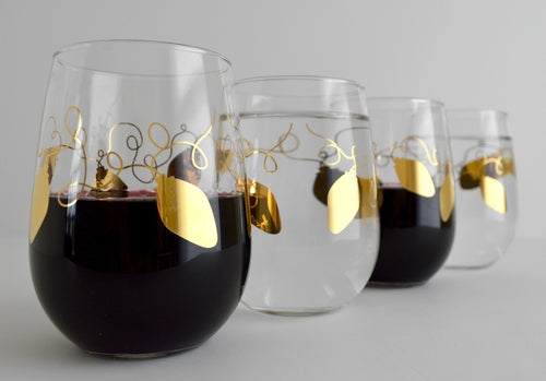 Metallic Gold Retro Christmas Lights Stemless Wine Glass