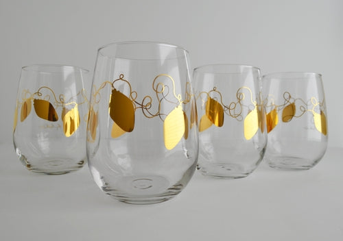 Metallic Gold Retro Christmas Lights Stemless Wine Glass