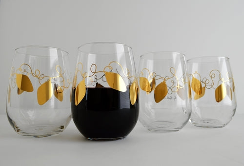 Metallic Gold Retro Christmas Lights Stemless Wine Glass
