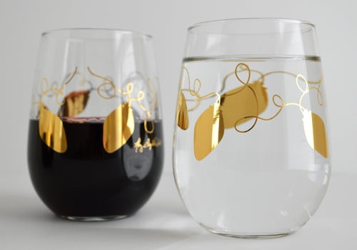 Metallic Gold Retro Christmas Lights Stemless Wine Glass
