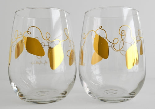 Metallic Gold Retro Christmas Lights Stemless Wine Glass