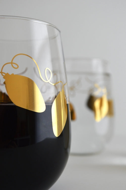 Metallic Gold Retro Christmas Lights Stemless Wine Glass