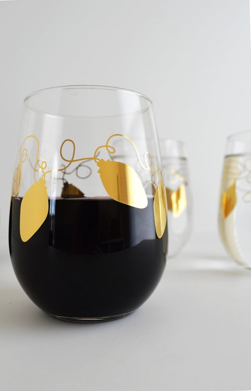Metallic Gold Retro Christmas Lights Stemless Wine Glass