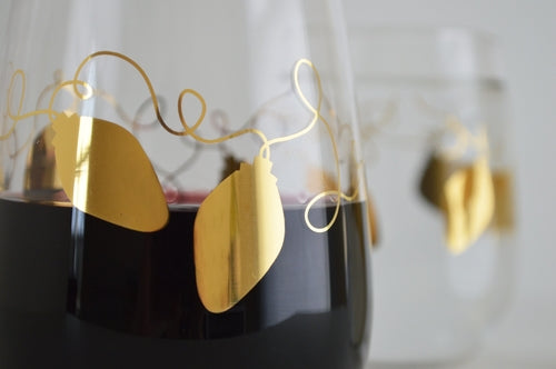 Metallic Gold Retro Christmas Lights Stemless Wine Glass