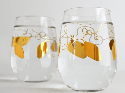 Metallic Gold Retro Christmas Lights Stemless Wine Glass