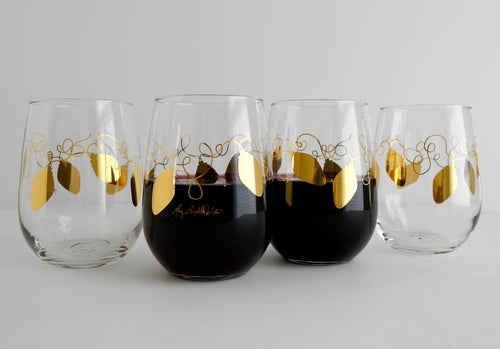 Metallic Gold Retro Christmas Lights Stemless Wine Glass
