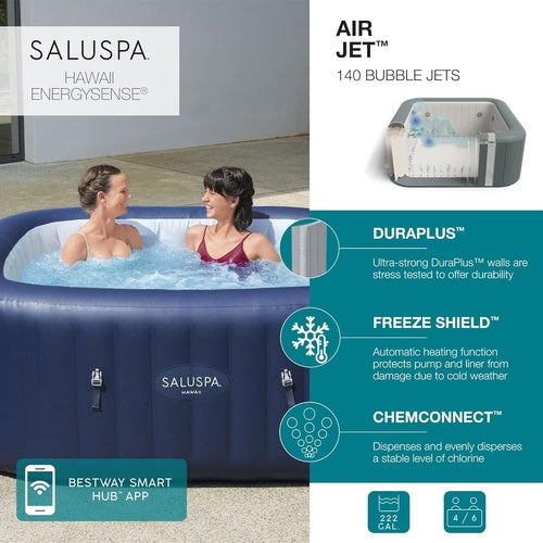 Saluspa Hawaii Airjet 4 to 6 Person Inflatable Hot Tub Square Portable
