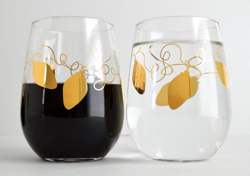 Metallic Gold Retro Christmas Lights Stemless Wine Glass